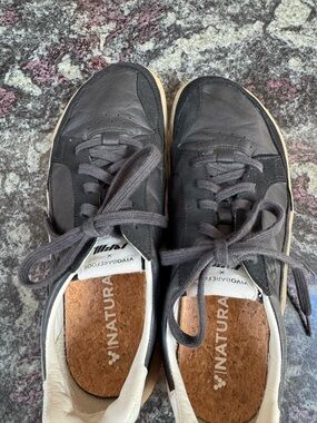 OluKai Men's Gray Leather Lace-Up Sneakers with Cork Insole